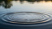 Concentric water ripples spreading across calm lake surface during golden hour creating peaceful meditation and mindfulness concept for wellness designs.