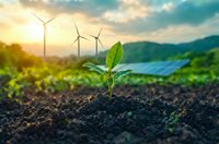 Green plant seedling growing from soil with wind turbines and solar panels in background representing sustainable renewable energy development.