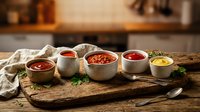 Assorted colorful sauces and condiments in ceramic bowls on rustic wooden board in warm kitchen setting for culinary cooking and food preparation.