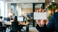 Businessman holding blank white card in modern office environment with colleagues working at desks in background, suitable for corporate branding and business communication concepts.