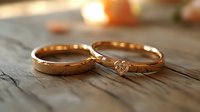 Golden wedding rings with heart-shaped diamond on rustic wooden surface in warm sunlight, romantic engagement and marriage symbol for celebrations.