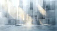 Abstract geometric background with white and gray rectangular shapes creating modern architectural perspective with soft light and shadows on concrete floor.