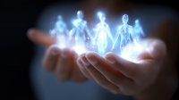 Glowing holographic figures floating above open palms in dark background, representing future technology, artificial intelligence and digital transformation.