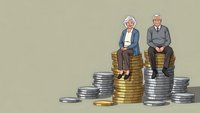 Senior couple sitting on stacks of coins representing retirement savings and financial planning for elderly people on neutral background.