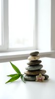 Zen spa stones balanced in tower with bamboo leaves and orchid flower on white surface near bright window for wellness and meditation concepts.