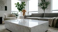 Modern minimalist living room with marble coffee table, gray sofa, fiddle leaf fig plants and natural light creating serene contemporary home interior.