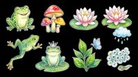 Cute frog clipart set with mushrooms, lotus flowers, butterfly, and nature elements, isolated on transparent background. Great for stickers, t-shirt design, and print on demand.