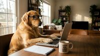 Golden retriever dog wearing glasses working on laptop computer at wooden desk in modern home office with coffee mug and papers during daytime.