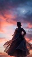 Woman in flowing dress silhouetted against dramatic twilight sky with crescent moon and vibrant pink purple clouds at sunset for romantic fantasy concepts.