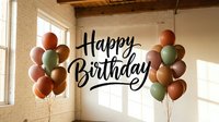 Happy Birthday calligraphy text with earthy tone balloons in a bright white brick room, warm boho celebration decor for greeting cards and invitations.