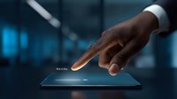 African American businessman finger touching digital tablet screen with login interface in dark modern office environment.