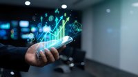 Businessman holding smartphone displaying holographic financial growth chart with upward trending arrow and digital currency symbols for investment analytics and business success.