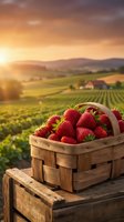 Fresh strawberries in wooden basket on rustic table overlooking vineyard landscape at golden hour sunset for farm-to-table marketing and organic produce.