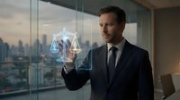 Professional businessman in suit touching holographic justice scales interface in modern office with city skyline view for legal technology concepts.