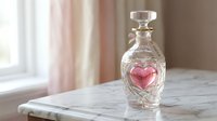 Elegant crystal perfume bottle with pink heart-shaped stopper on marble surface near window with soft natural lighting for luxury beauty concepts.