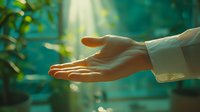 Outstretched hand in white sleeve reaching towards warm sunbeams in mystical green garden setting, spiritual healing concept with ethereal light rays and bokeh effect.