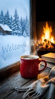 Steaming red mug on a rustic windowsill with Welcome written on frosted glass, cozy fireplace, snowy forest cabin view, warm winter hygge mood.
