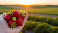 Fresh ripe strawberries in cupped hands at golden hour sunset over agricultural farmland fields. Organic berry harvest concept for healthy eating and farming.
