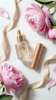Luxury skincare serum and lipstick with pink peonies and silk ribbon on white marble background for beauty and cosmetics branding.