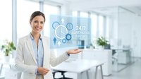Professional businesswoman presenting 24/7 continuous support service with digital interface icons in modern office environment for customer care solutions.
