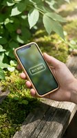 Hand holding a smartphone with a buy now button on screen, surrounded by lush green nature, eco-friendly online shopping concept.