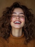 Young woman with wavy brown hair and fair complexion wearing mustard knit sweater, smiling with eyes closed against warm neutral background. Portrait for lifestyle, beauty, wellness, happiness concepts.