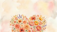 Watercolor floral heart arrangement with peach, orange and coral blooms on soft pastel background, perfect for greeting cards and invitations.