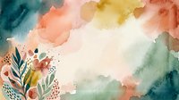 Watercolor abstract background with soft coral, teal, and golden yellow washes blending into cream, featuring delicate botanical elements and organic shapes for artistic design projects.