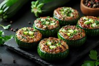 Stuffed zucchini rounds topped with melted cheese, herbs and spices on black stone board. Fresh cooked appetizer with ground meat filling and green garnish.