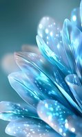 Ethereal blue flower petals with glowing light effects and water droplets on turquoise background, creating magical nature-inspired artistic composition.