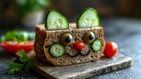 Funny face sandwich made with rye bread, cucumber slices, olives and cherry tomato on rustic wooden board. Creative food art for children's lunch.