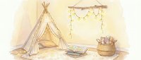 Cozy children's playroom with teepee tent, string lights, woven basket and cushions in warm watercolor style for nursery decor and kids interior design.