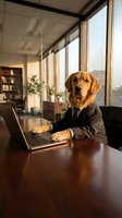 Golden retriever dog in business suit working on laptop at office desk in modern corporate environment with large windows and natural lighting.
