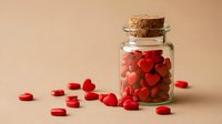Small glass jar with cork stopper filled with red heart-shaped candies, some scattered on beige background. Romantic Valentine's Day concept.