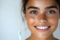 Young Hispanic woman with bright smile and toothbrush showing healthy white teeth against light background, representing dental care and oral hygiene concept.