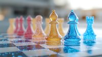 Colorful translucent chess bishops in yellow, pink, and blue tones on glass chessboard with soft focus background, modern artistic game pieces with glitter effect.