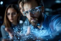 Focused Caucasian male scientist with beard and safety glasses examining glowing blue digital holographic data with female colleague in modern laboratory.