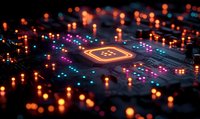 Glowing microprocessor on circuit board with orange and blue lights creating futuristic technology atmosphere. Modern computing concept with bokeh effect.