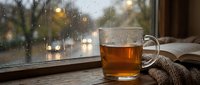 Cozy autumn evening with steaming tea cup on wooden windowsill, raindrops on glass, warm lights creating peaceful indoor atmosphere for relaxation.