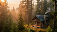 Cozy wooden cabin nestled among tall evergreen trees in misty forest during golden hour sunrise, featuring solar panels and chimney smoke for off-grid living concepts.