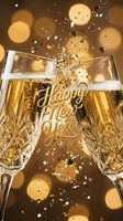 Happy New Year golden toast with crystal champagne flutes, sparkling confetti, and bokeh lights for festive celebration greeting cards.