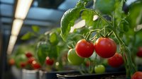 Ripe red cherry tomatoes growing on vine with green unripe fruits in greenhouse environment. Fresh organic produce for healthy cooking.