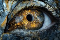Extreme macro photography of human eye with digital city reflection in iris, glowing golden lights and electronic circuits merged with natural texture.