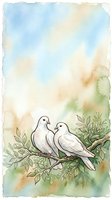 Pair of white doves perched on leafy branch with watercolor sky background, isolated on white for wedding invitations, greeting cards, and romantic design projects.