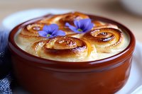 Fresh baked sweet rolls in brown ceramic baking dish decorated with purple edible flowers, close up view showing golden brown swirls and glossy surface.