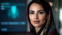 Young Middle Eastern woman wearing colorful traditional headscarf in modern office setting with professional lighting and contemporary background.