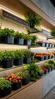 Modern grocery store display showcasing fresh organic herbs and produce on illuminated wooden shelves with contemporary retail design for healthy lifestyle marketing.