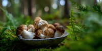 Fresh wild mushrooms in ceramic bowl on forest floor with moss and ferns, natural bokeh background creates atmospheric woodland scene.