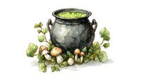Magical cauldron with green bubbling potion surrounded by wild mushrooms and clover leaves in watercolor style, mystical forest floor setting.