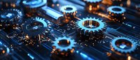 Futuristic digital gears and cogs on circuit board, representing technology integration and automated systems in modern engineering.